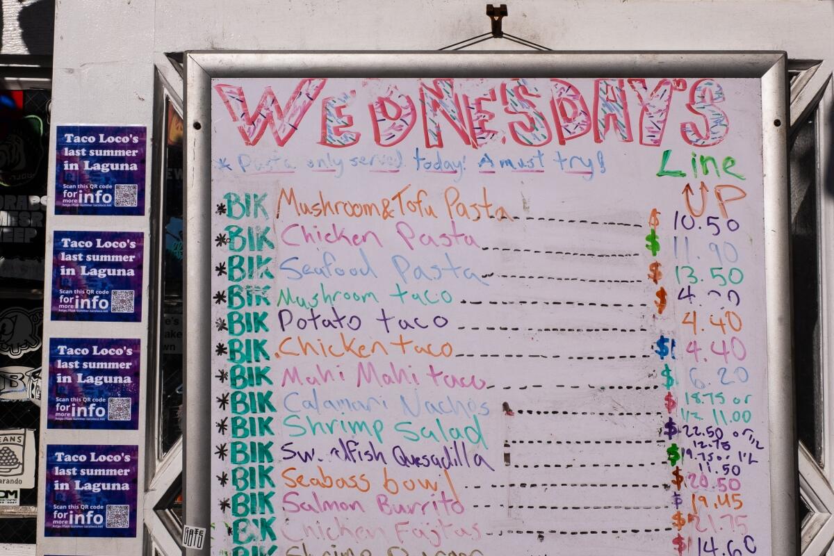 The menu at Taco Loco, which has marked its last summer in Laguna Beach.