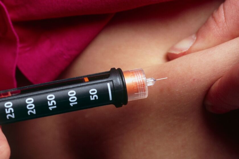 Insulin injection. 13-year-old girl injecting herself in the abdomen with insulin. She has diabetes mellitus. This is a disorder affecting glucose sugar metabolism, where the sugar is not oxidised due to a lack of the hormone insulin, secreted by the pancreas in healthy individuals. In diabetics, unused sugar accumulates in the blood and the urine. Fats are utilised as an alternative energy source, which leads to a build-up of ketones in the blood that may eventually cause convulsions and diabetic coma. Treatment is based on a strict diet and the use of daily insulin injections to maintain the blood-sugar balance. User Upload Caption: In a recent study, some patients with type 1 diabetes didn't need insulin for years after receiving an investigational treatment called stem cell educator therapy. ** OUTS - ELSENT, FPG - OUTS * NM, PH, VA if sourced by CT, LA or MoD **