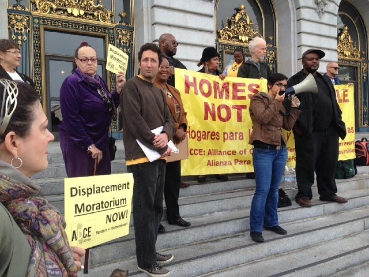 A coalition of tenants rights organizations in San Francisco call for an end to displacements of longtime renters.