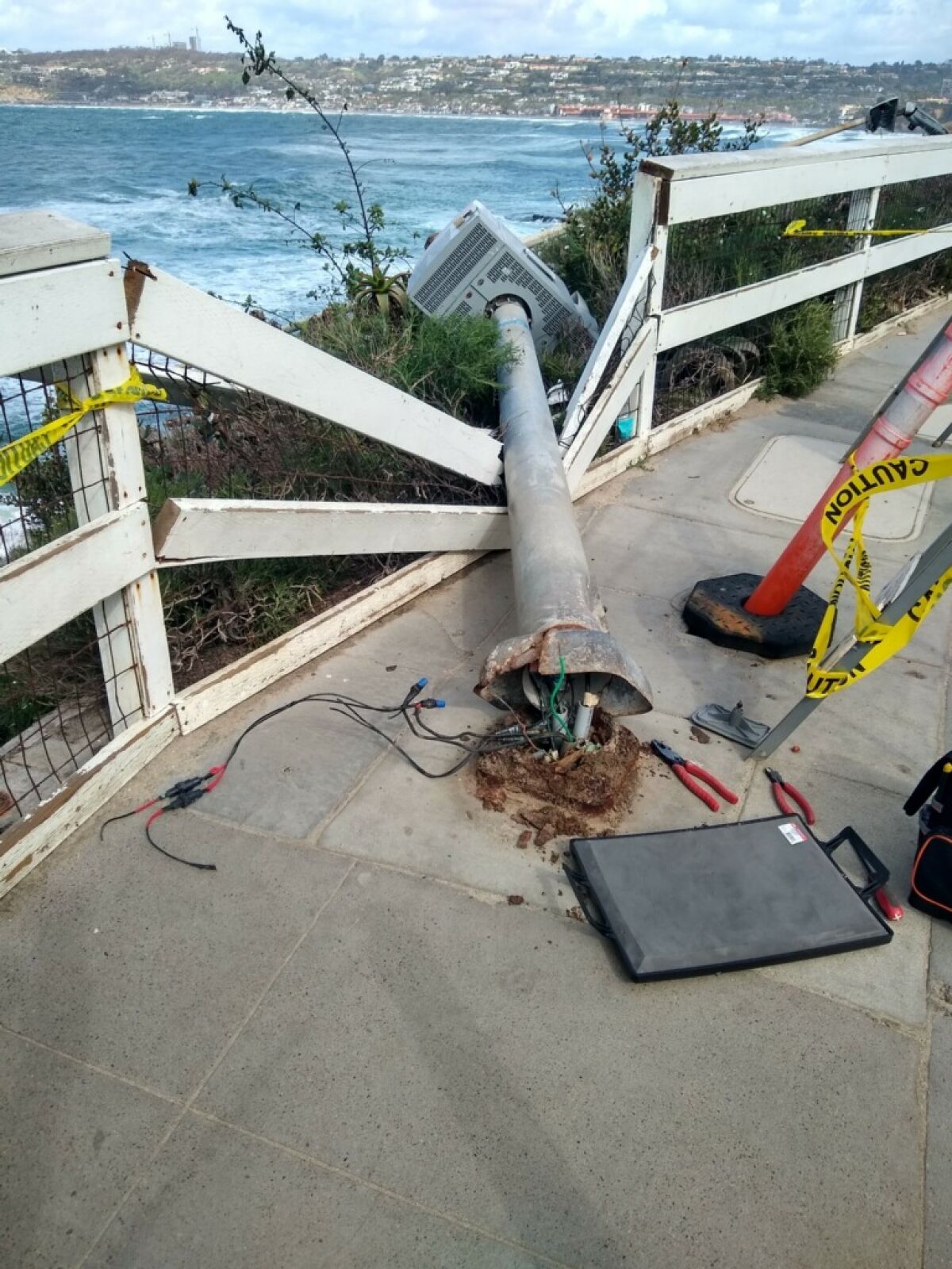 This light pole near La Jolla Cove fell over during a recent storm.