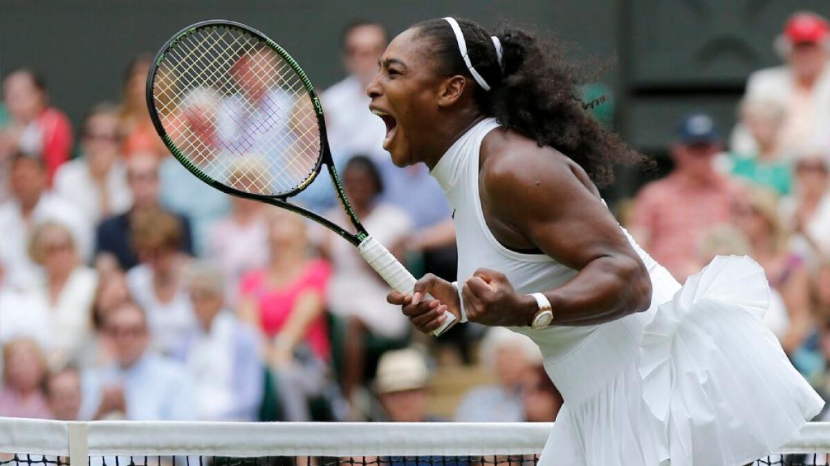 Serena Williams reacts after winning a point against Angelique Kerber of Germany during their final match on July 9.