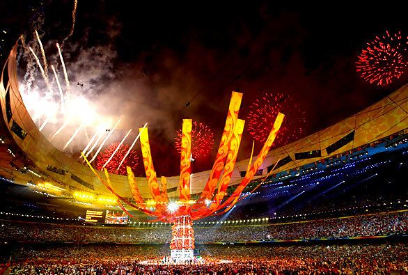 Fireworks and a big structure in the middle of the National Stadium highlight the 2008 Beijing Olympics closing ceremony.