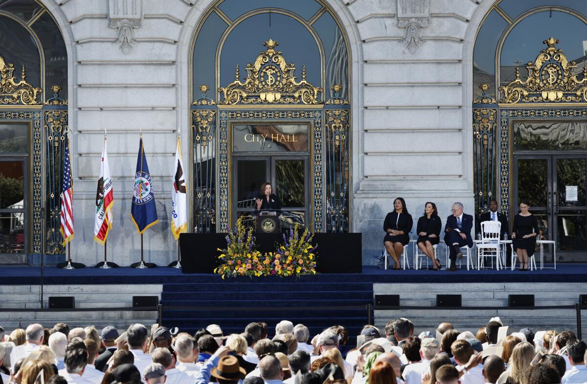 Rep. Nancy Pelosi speaks during the funeral services
