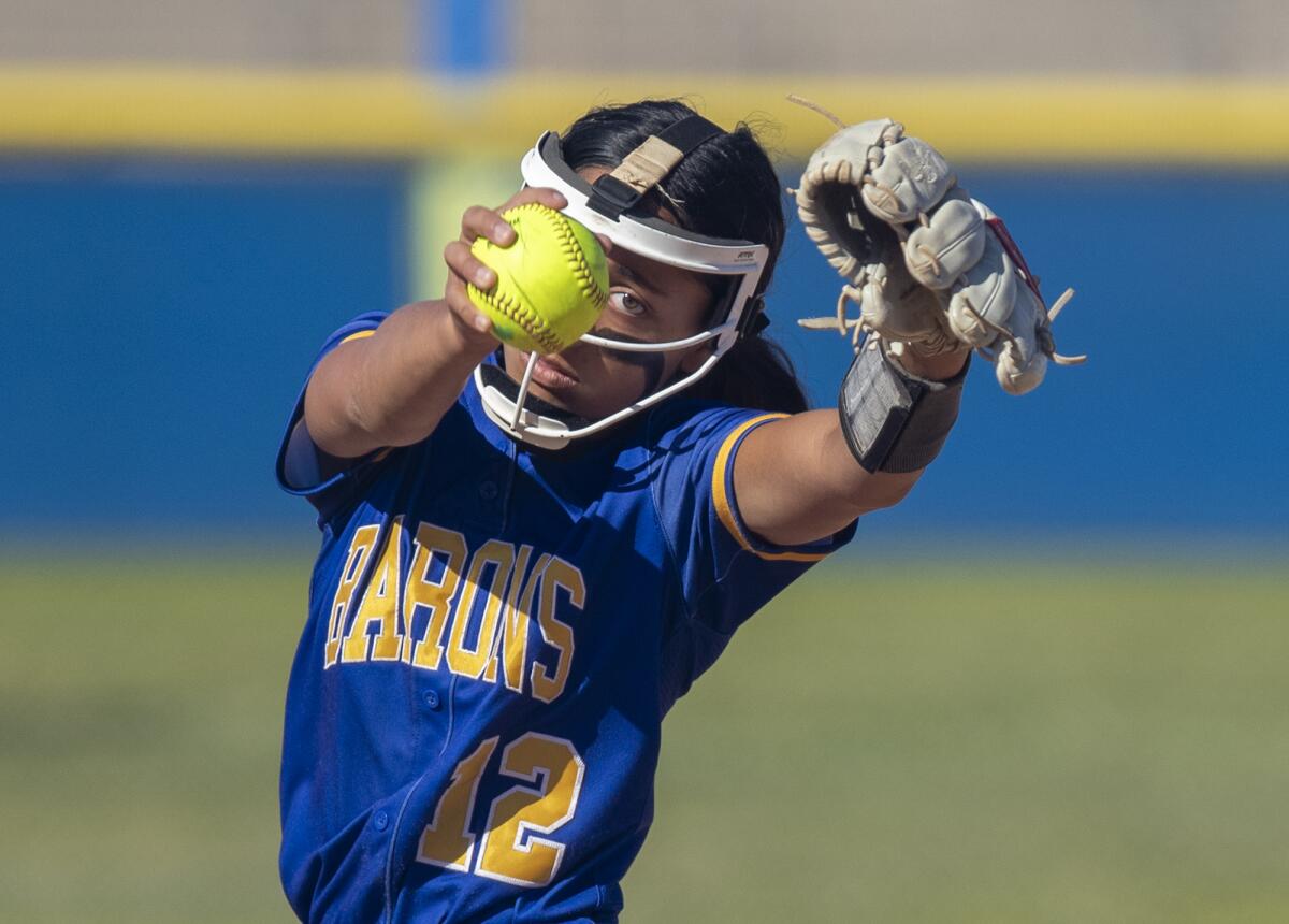 Fountain Valley's Courtney Kols pitches during a CIF Southern Section Division 5 quarterfinal game against San Marino.