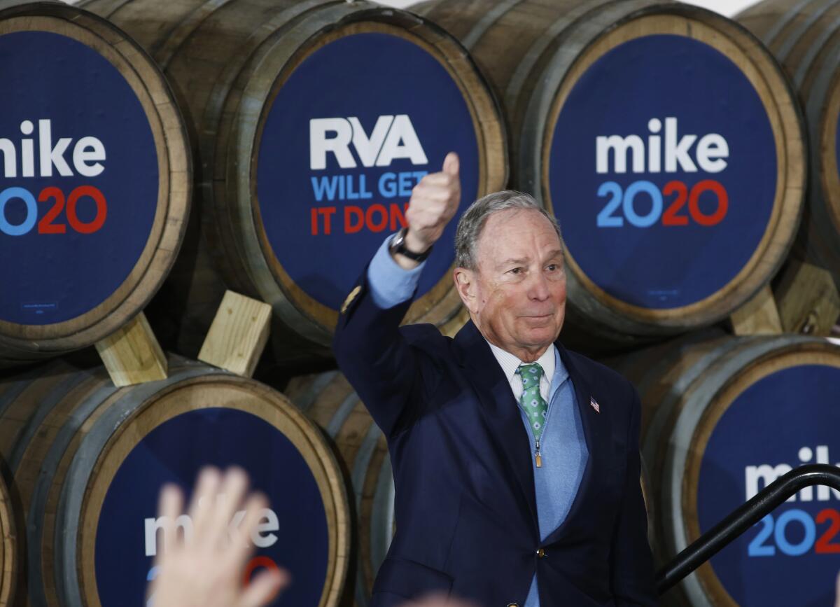 Democratic presidential candidate Michael R. Bloomberg gives his thumbs-up during a campaign event Saturday at Hardywood Park Craft Brewery in Richmond, Va.
