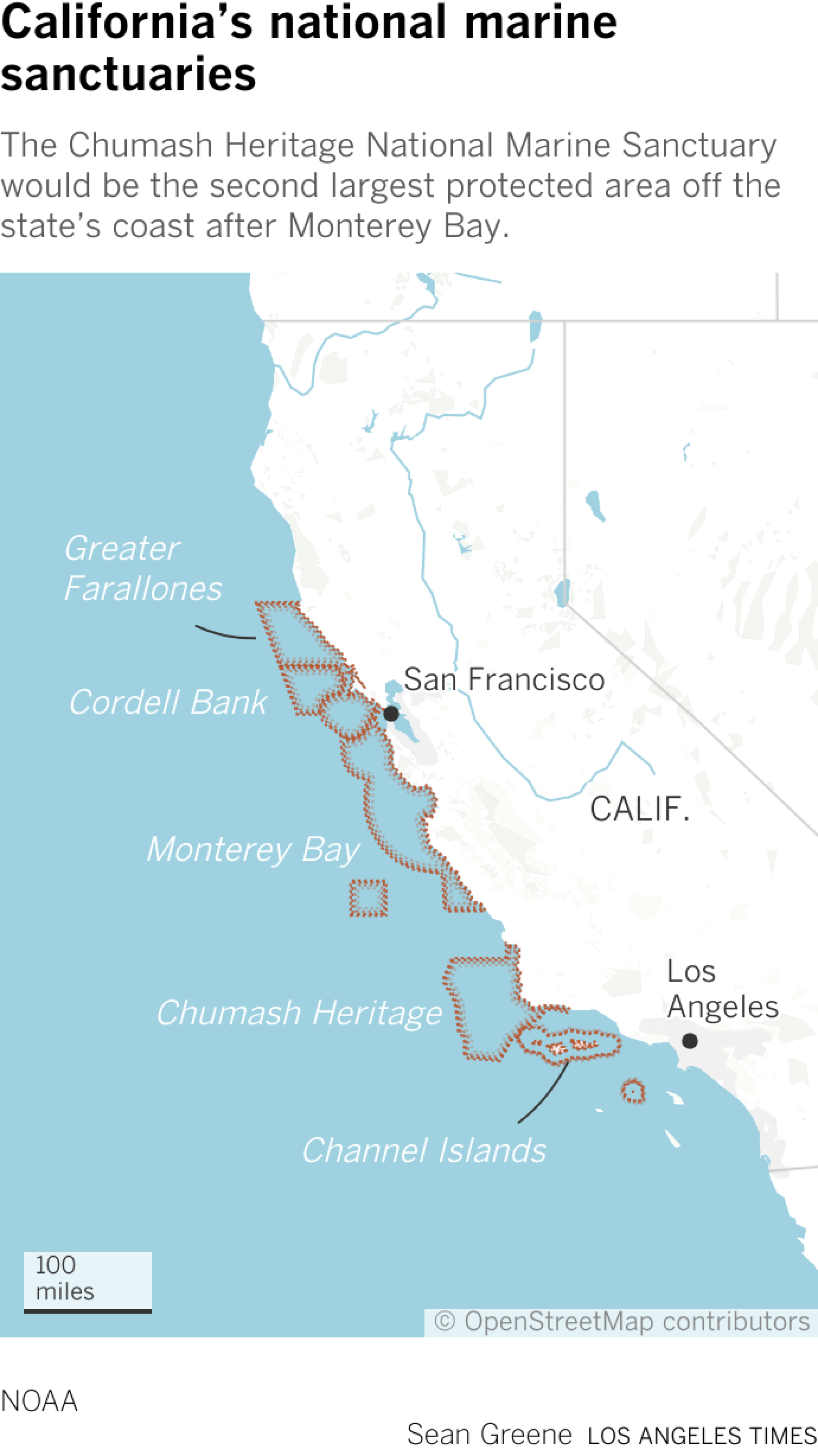 Map shows the five national marine sanctuaries spanning the north coast of California to Santa Barbara.