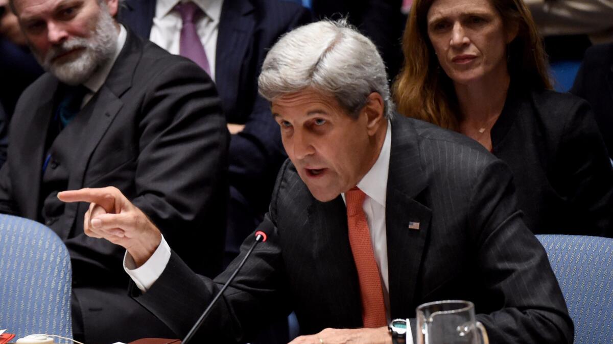 U.S. Secretary of State John F. Kerry speaks about the situation in Syria during a Security Council meeting at the United Nations in New York on Wednesday.