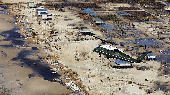 Marine One takes President Bush on a tour of the damage caused by Hurricane Ike near Galveston, Texas.