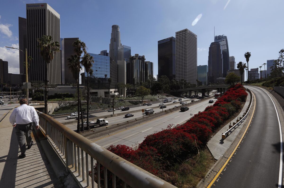 The 110 Freeway through downtown had noticeably lighter traffic on Wednesday afternoon.