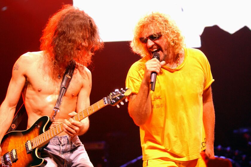 Eddie Van Halen and Sammy Hagar of Van Halen at the Staples Center in Los Angeles, California 