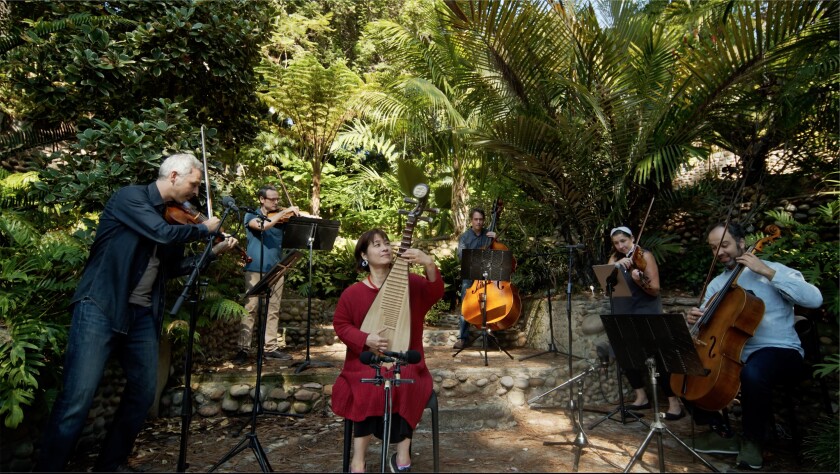 Colin Jacobson, Travis Maril, Wu Man, Jeremy Kurtz-Harris, Kate Hatmaker and Alex Greenbaum in "Bits and Pieces."