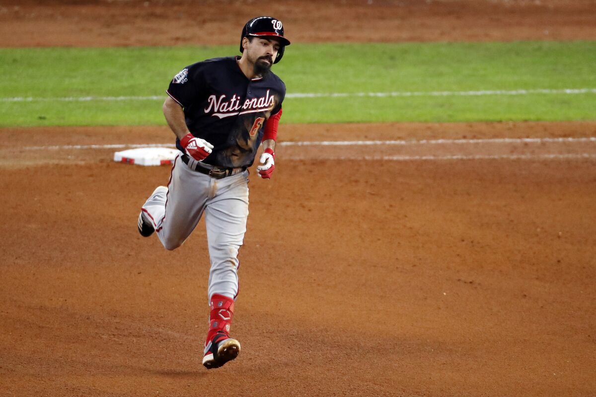 The Nationals' Anthony Rendon rounds the bases after homering in Game 7 of the World Series on Oct. 30, 2019.