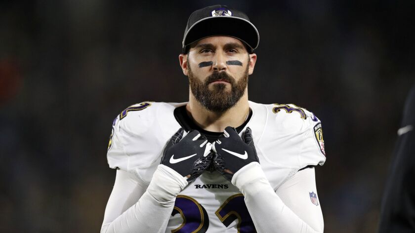 Baltimore Ravens safety Eric Weddle watches from the sideline during a game against the Los Angeles Chargers in December.