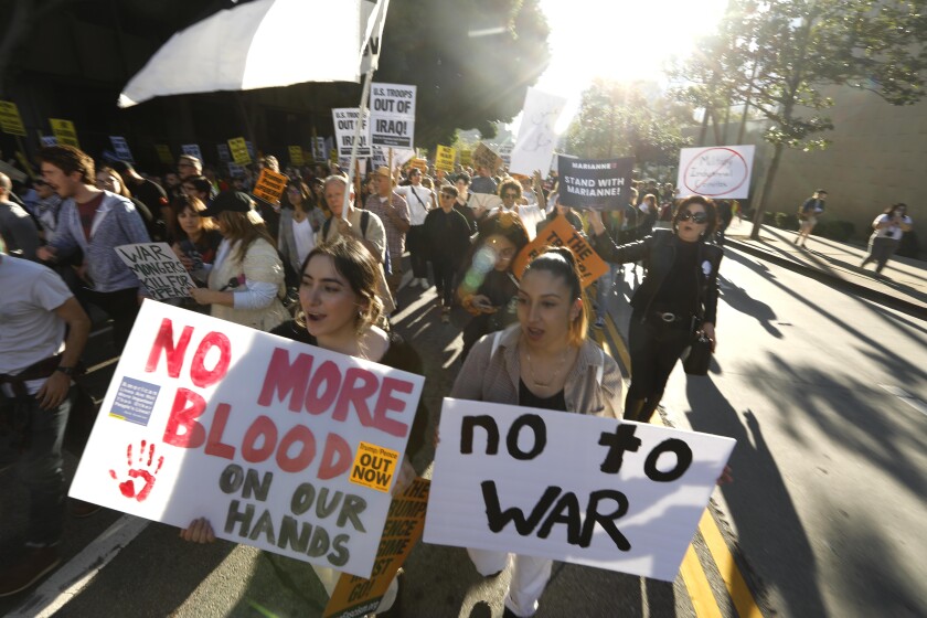 Antiwar protest in downtown L.A. draws hundreds Los Angeles Times