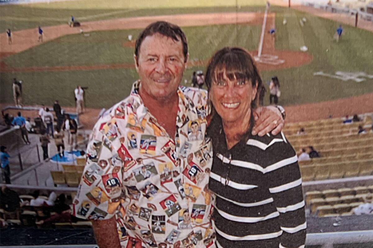 Jay and Denise Jaffe attend a game at Dodger Stadium in an undated photo.