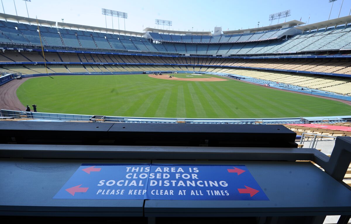 LOS ANGEL;ES, CALIFORNIA APRIL 7, 2021-Signs are posted around the stadium as the Dodgers prepare for opening day.