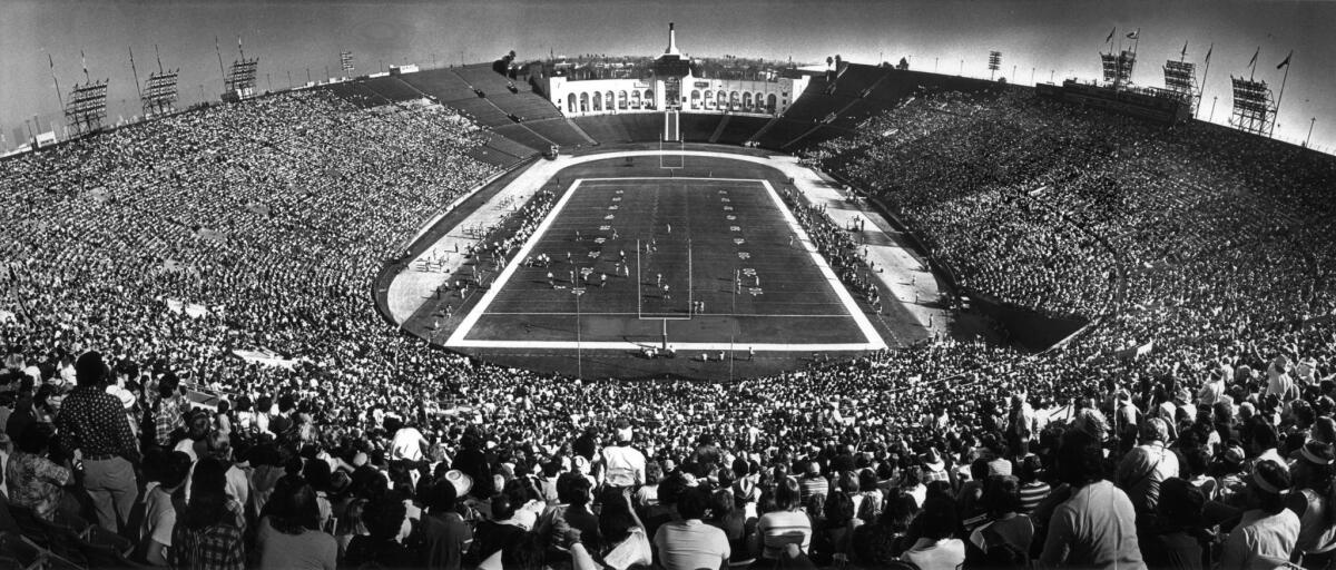 Dec. 16, 1979: The last regular-season game played by the Los Angeles Rams at the Memorial Coliseum included attendance of 53,879 fans.