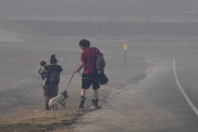 A family walks through smoke down the Arnold Blvd. frontage road after evacuating the Continental Villa mobile home park in Abilene, Texas Thursday March 17, 2022. A quickly-moving grass fire was heading that way, prompting officials to order the evacuation. (Ronald W. Erdrich/The Abilene Reporter-News via AP)