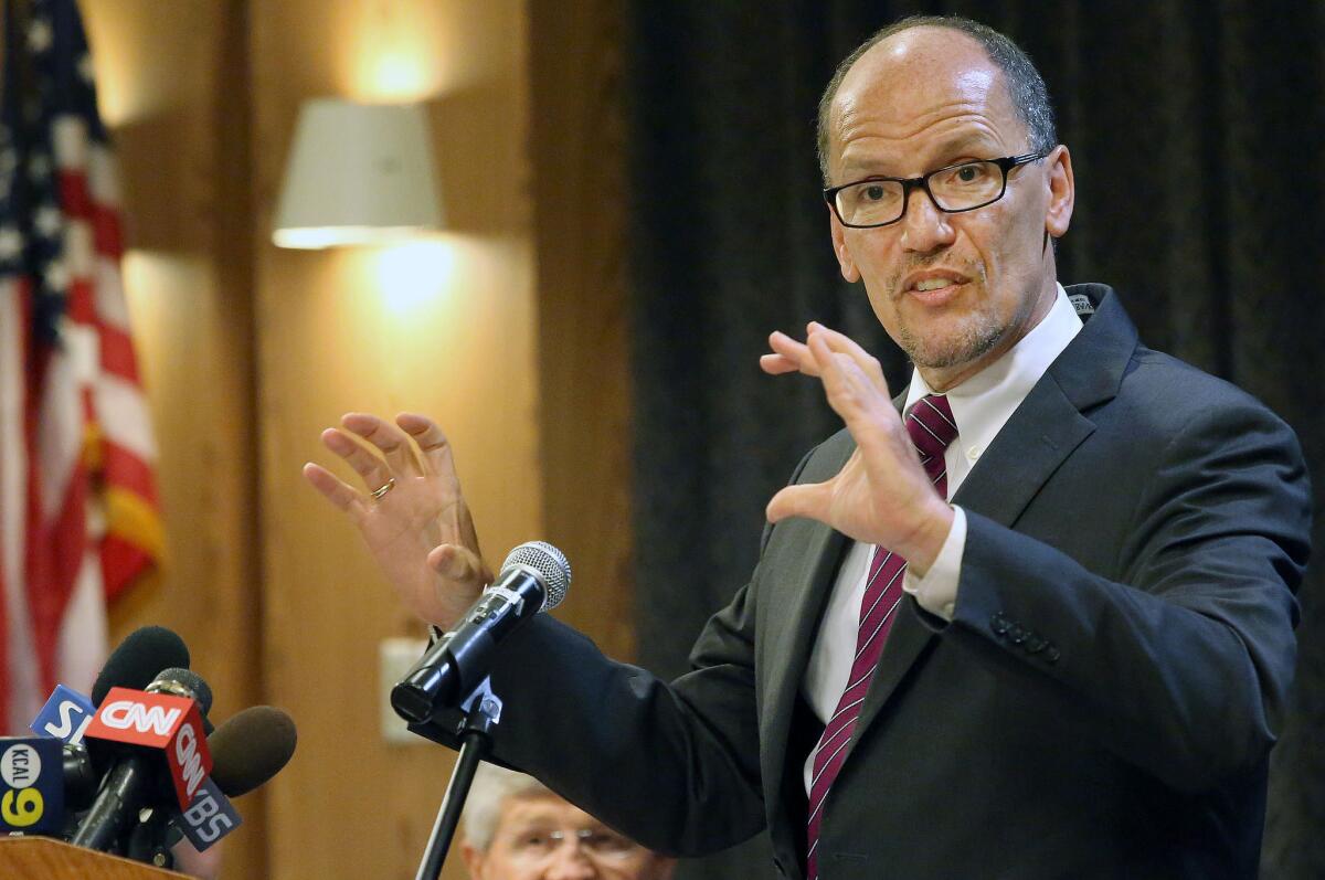 Secretary of Labor Thomas Perez speaks to business and community leaders at a Los Angeles Area Chamber of Commerce event in Los Angeles on Aug. 18, 2014.