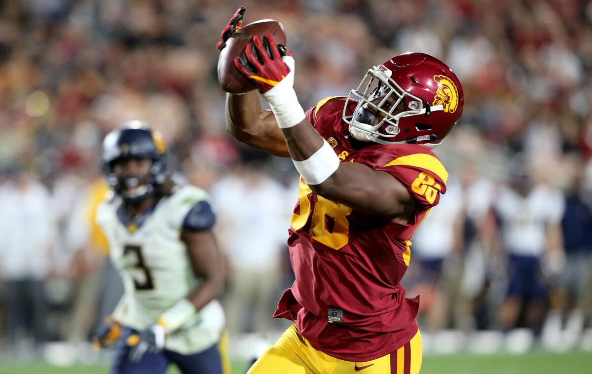 USC tight end Daniel Imatorbhebhe makes a catch against Cal.