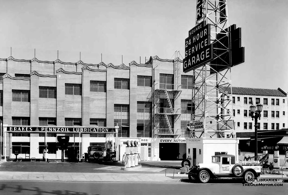 8th and Western. The historic garage was originally part of Pellissier Square, which included the Wiltern Theatre.