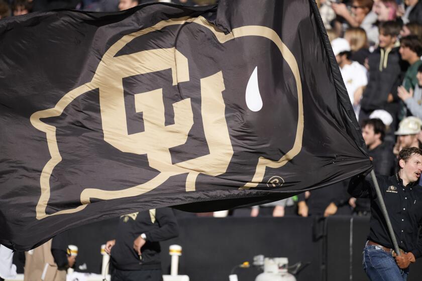 Colorado logo on flag in the second half of an NCAA college football game Saturday.