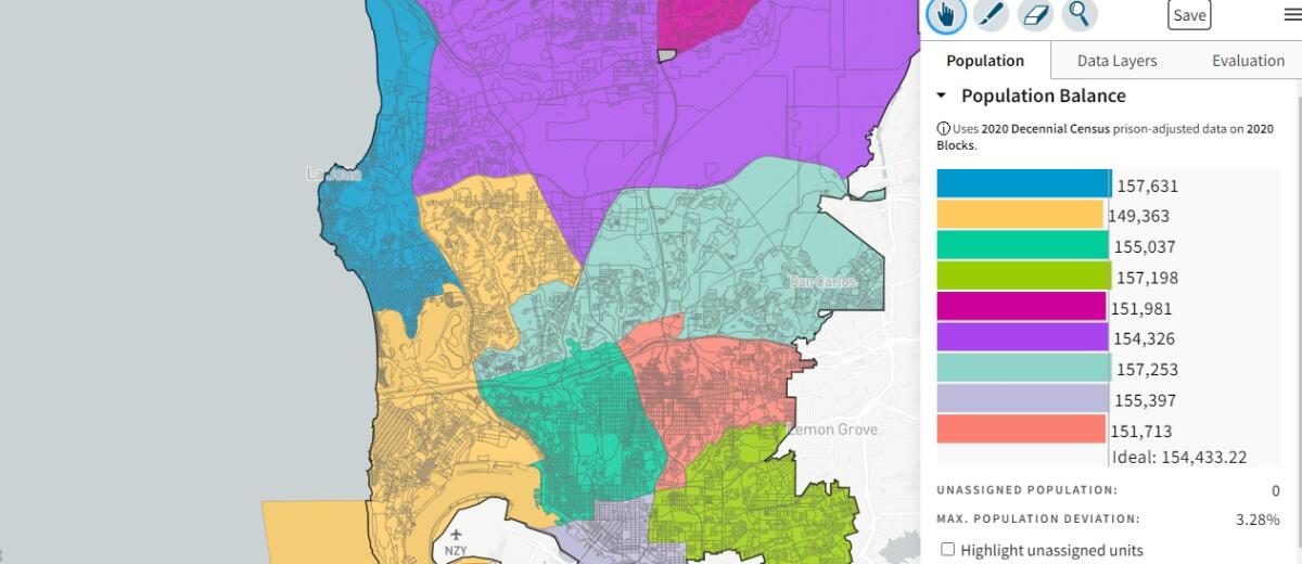 The preliminary redistricting map shows proposed boundaries for District 1 (blue), District 2 (gold) and District 6 (purple).