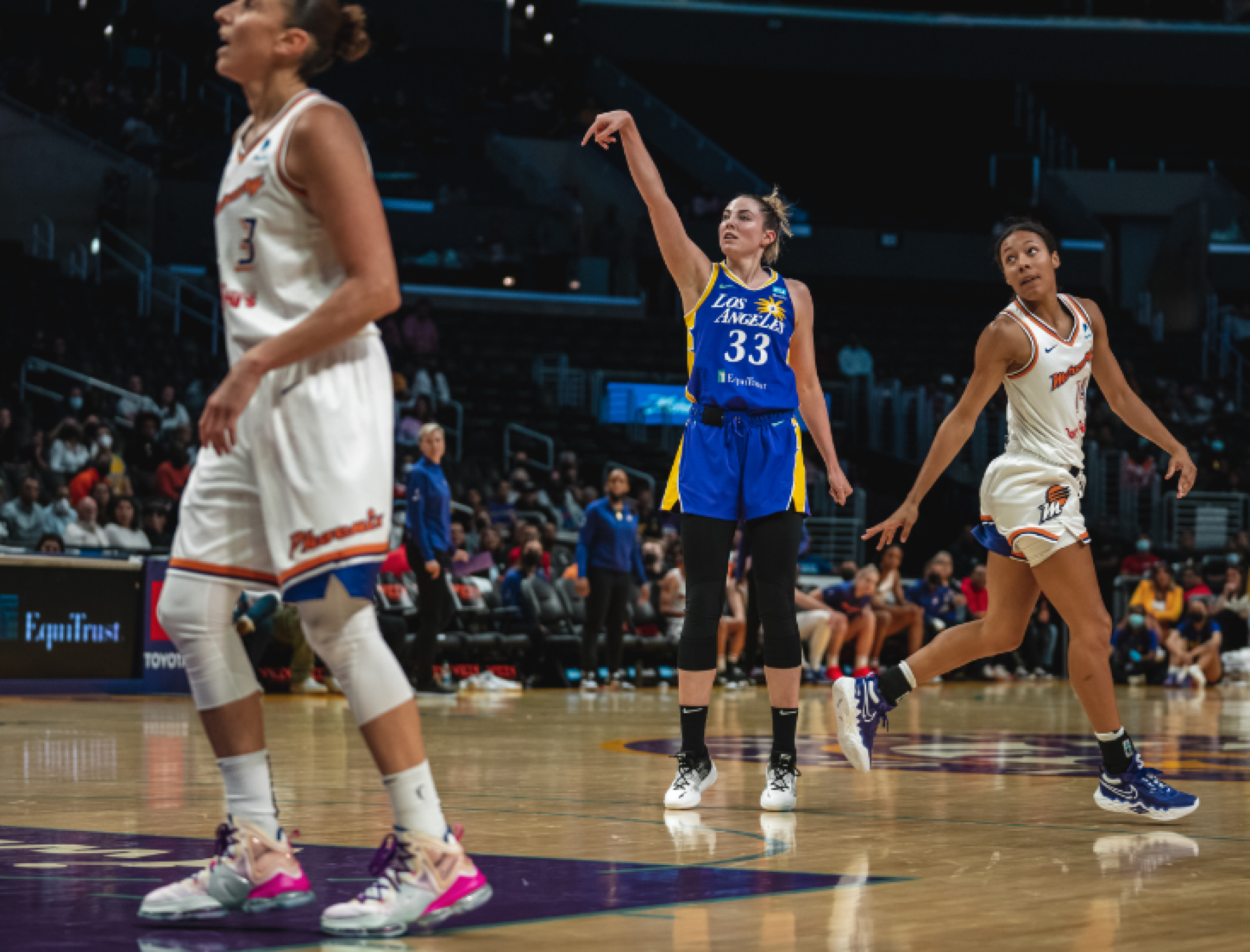 Sparks forward Katie Lou Samuelson continues three on a three-point shot.