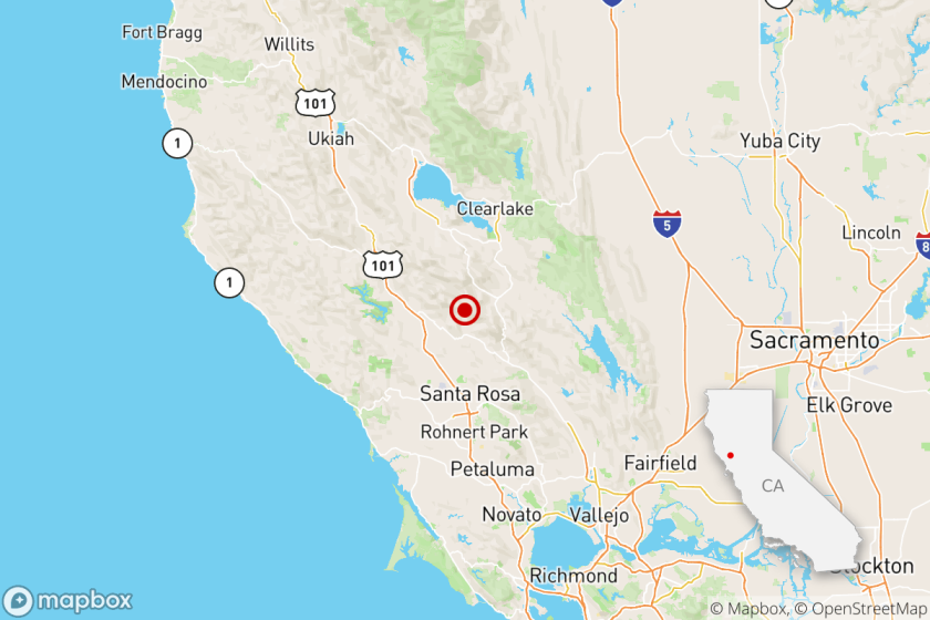 Map shows the location of an earthquake in California.