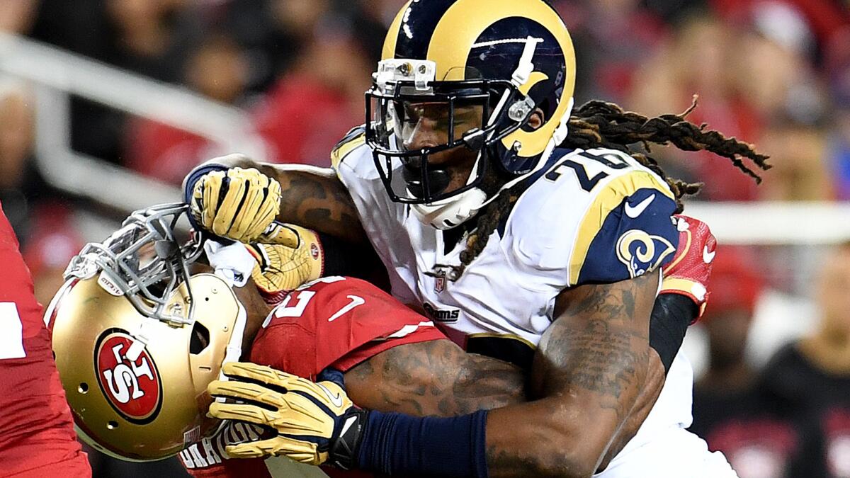 Says linebacker Mark Barron, shown leveling 49ers running back Shaun Draughn, of the Rams' season finale Sunday: "We’re still taking pride in this thing."