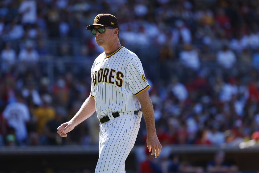 SAN DIEGO, CA - SEPTEMBER 22: San Diego Padres manager Bob Melvin walks back to the dugout during a game against the St. Louis Cardinals at Petco Park on Thursday, September 22, 2022 in San Diego, CA. . (K.C. Alfred / The San Diego Union-Tribune)