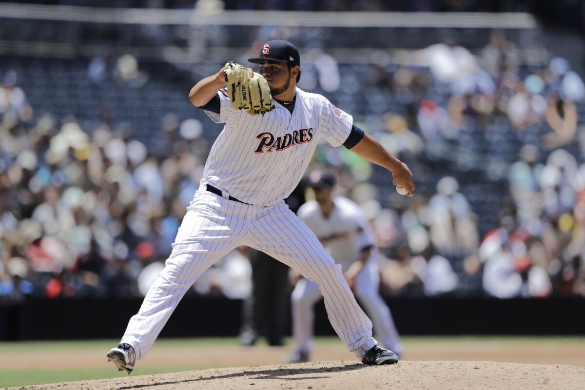 San Diego Padres relief pitcher Jose Castillo works against an Atlanta Braves batter during the third inning of a baseball game Wednesday, June 6, 2018, in San Diego. (AP Photo/Gregory Bull)