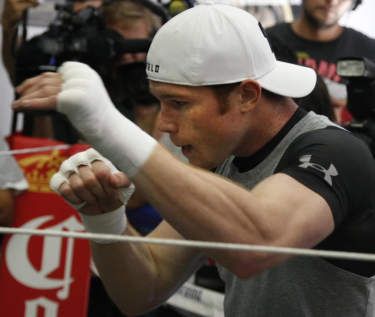 Saul "Canelo" Alvarez is shown working out at a media event in 2013.