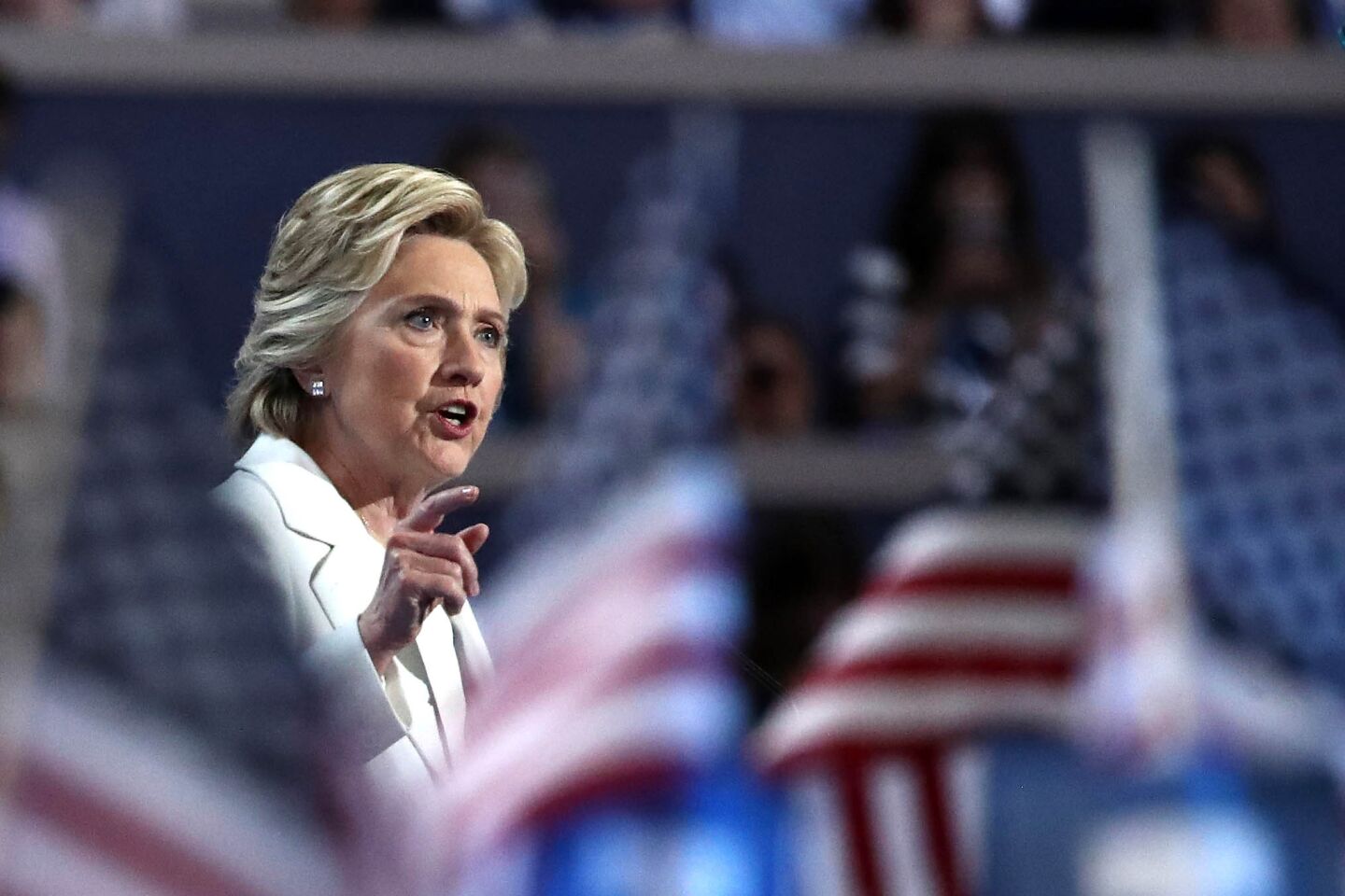 Democratic presidential candidate Hillary Clinton delivers remarks during the fourth day of the Democratic National Convention.