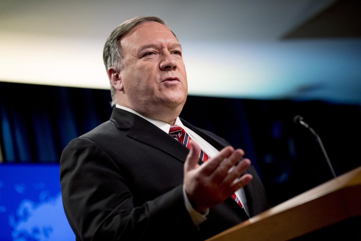 Secretary of State Michael R. Pompeo at a State Department news conference April 29, 2020. 