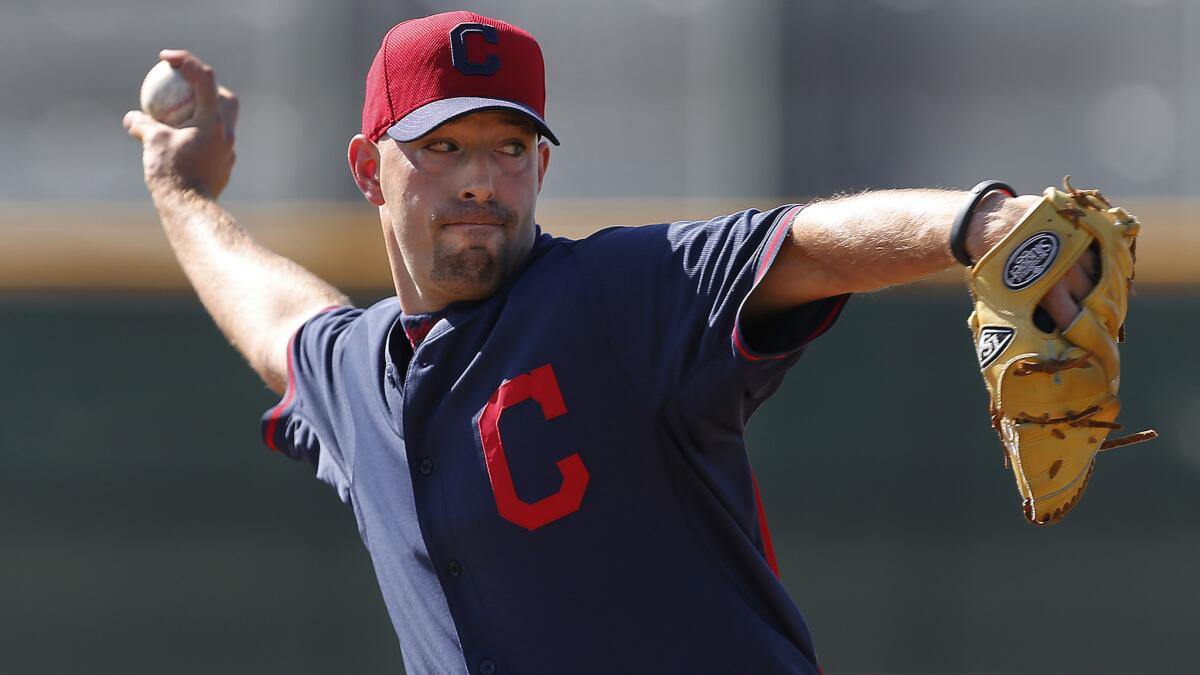 Cleveland Indians pitcher David Aardsma throws during a spring training practice session on Feb. 24, 2014. Will Aardsma find a place in the Dodgers' bullpen this season?