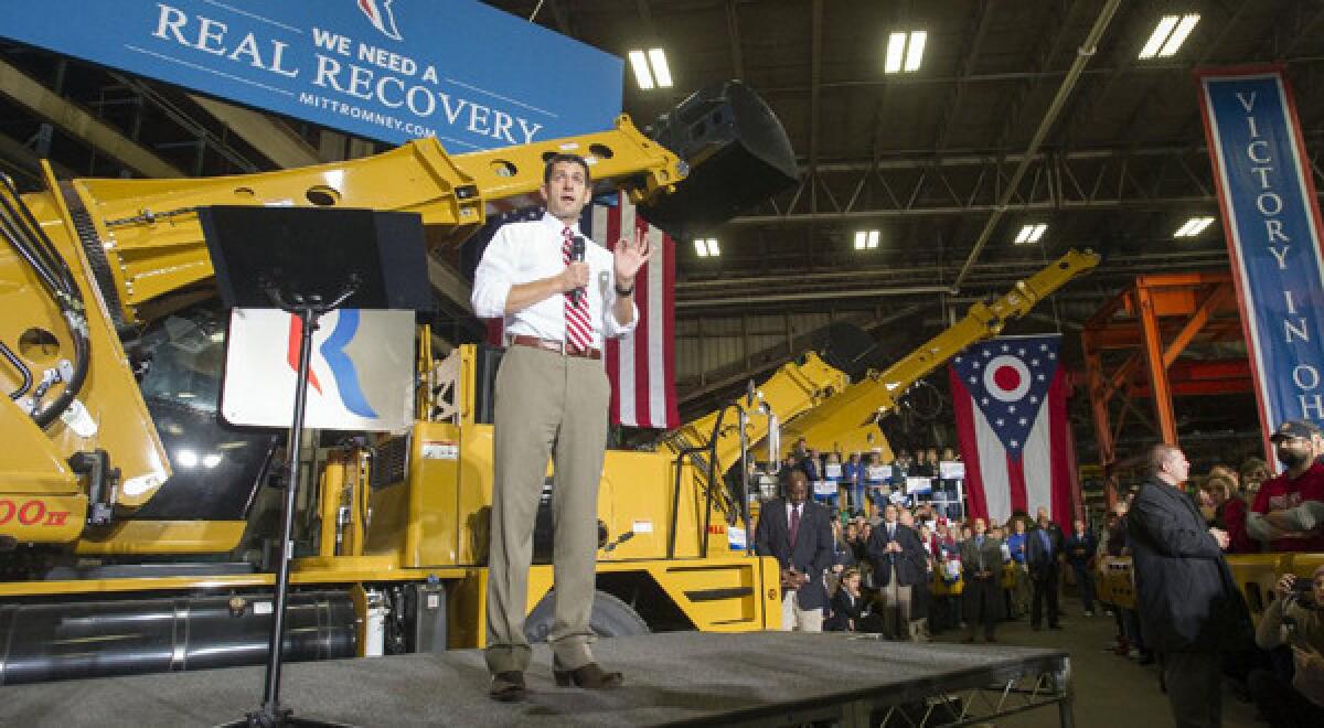 Republican vice presidential candidate Paul Ryan speaks at the Gradall Industries plant in New Philadelphia, Ohio, on Saturday.