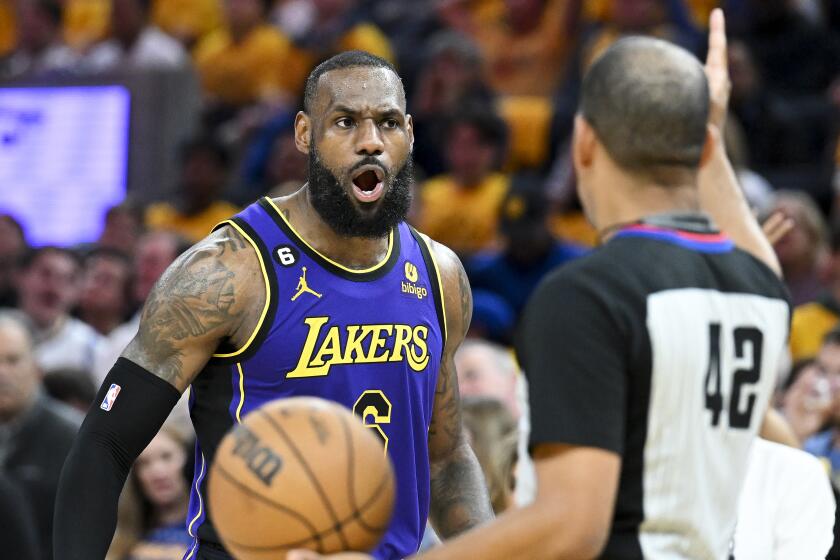 San Francisco, CA - MAY 04: Los Angeles Lakers forward LeBron James reacts after a foul is called on him.