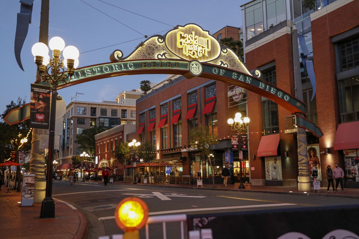A view of Fifth Avenue in the Gaslamp Quarter in Downtown San Diego.