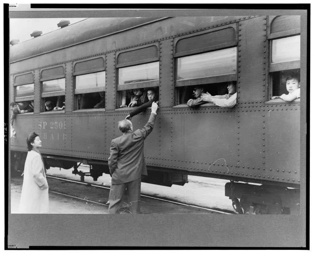 Japanese Americans departing Los Angeles for Owens Valley, and internment.