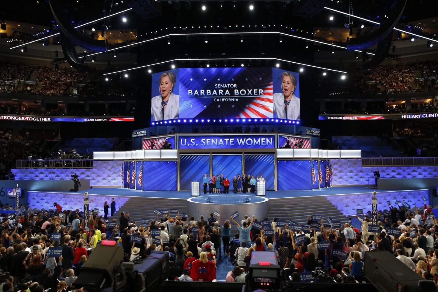 Senator Barbara Boxer speaks to the delegates as one of the other U.S. Senate Women on the final night of the Democratic National Convention in Philadelphia.