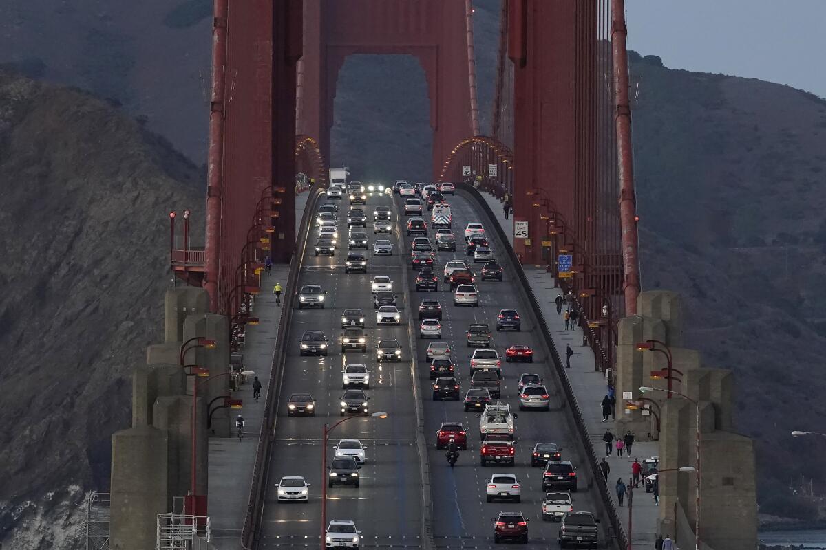 Traffic moves on the Golden Gate Bridge in San Francisco on Nov. 12, 2020.