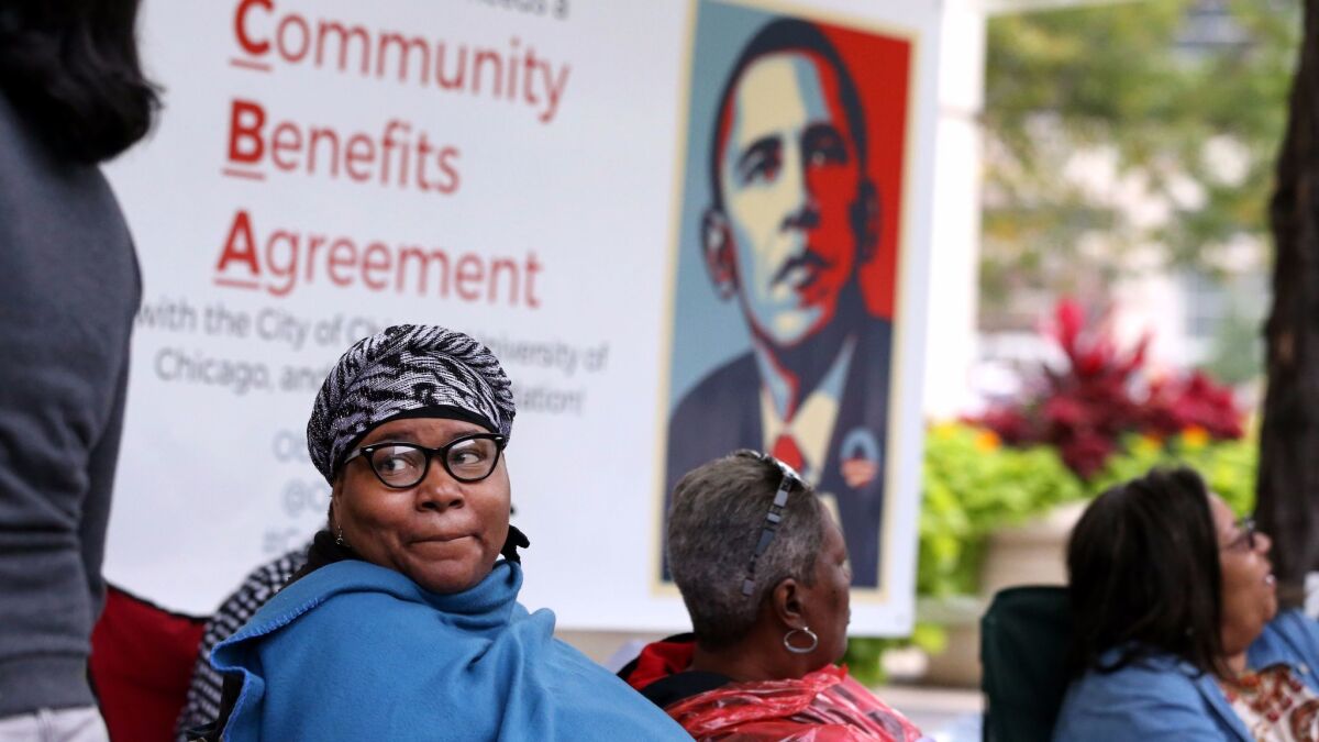Jeanette Taylor (cq) of Woodlawn joins other people in support of an Obama Foundation Community Benefits Agreement for the new Obama Presidential Library outside of the Hyatt Regency McCormick Place in Chicago on Wednesday, September 13, 2017. The group was camping out 24 hours prior to an Obama Foundation meeting at the hotel. (Chris Sweda/Chicago Tribune)