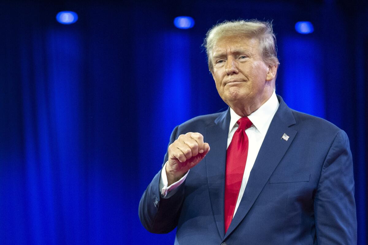 Donald Trump pumps his fist while standing on stage before a blue curtain
