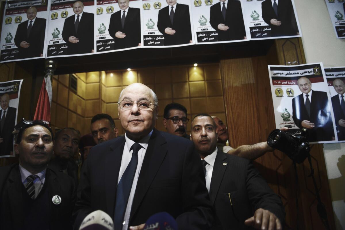 Moussa Mostafa Moussa, the lone challenger to Egypt's incumbent president, addresses a news conference in Cairo.