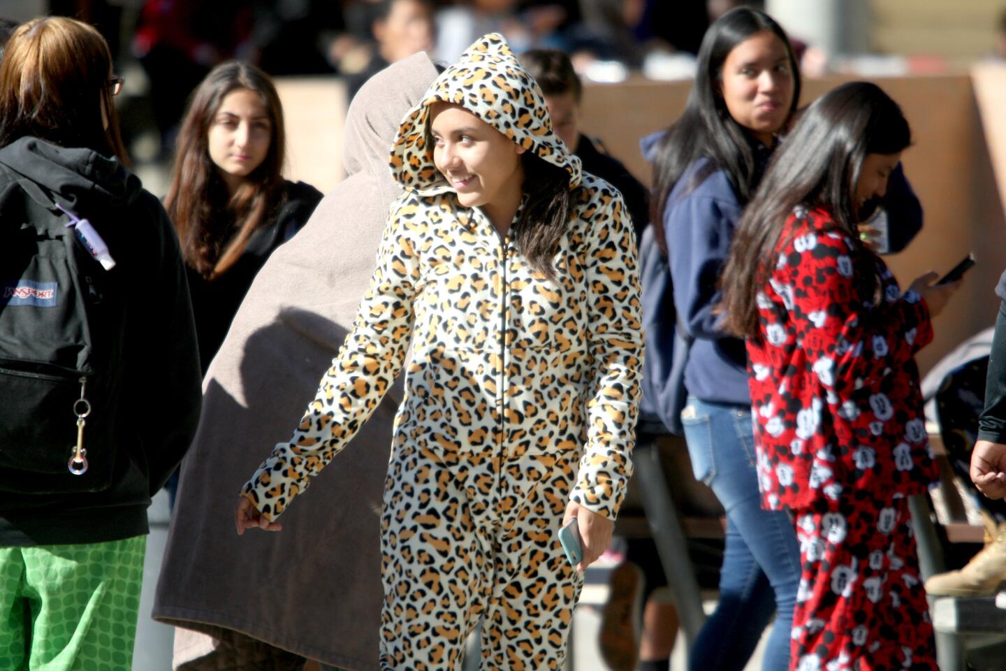 As part of Spirit Week, sophomore Karla Yanes wore her cheetah-print pajamas during Pajama Day at Glendale High School in Glendale on Thursday, November 5, 2015.