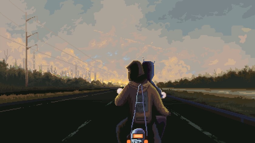 A screenshot of two characters on a motorcycle ride with a city skyline in the distance.