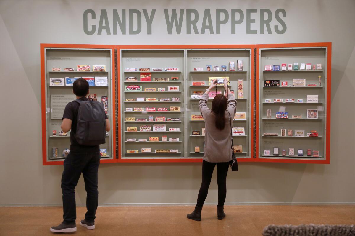 Candy wrappers on loan from the Candy Wrapper Museum, a collection by Darlene Lacey, on display at the "21 Collections: Every Object Has a Story" exhibit in the Getty Gallery at the Central Library in Los Angeles.