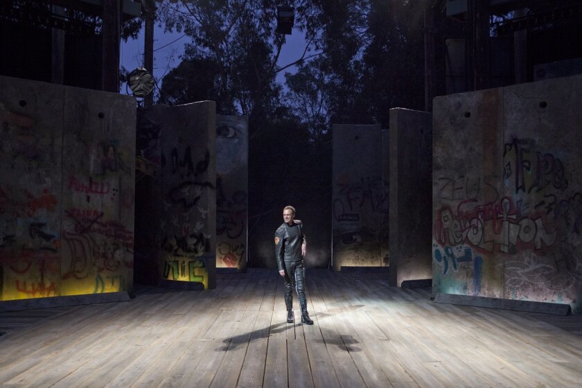 Jay Whittaker on the set of the Old Globe Shakespeare Festival's "Richard III," with scenic design by Ralph Funicello.