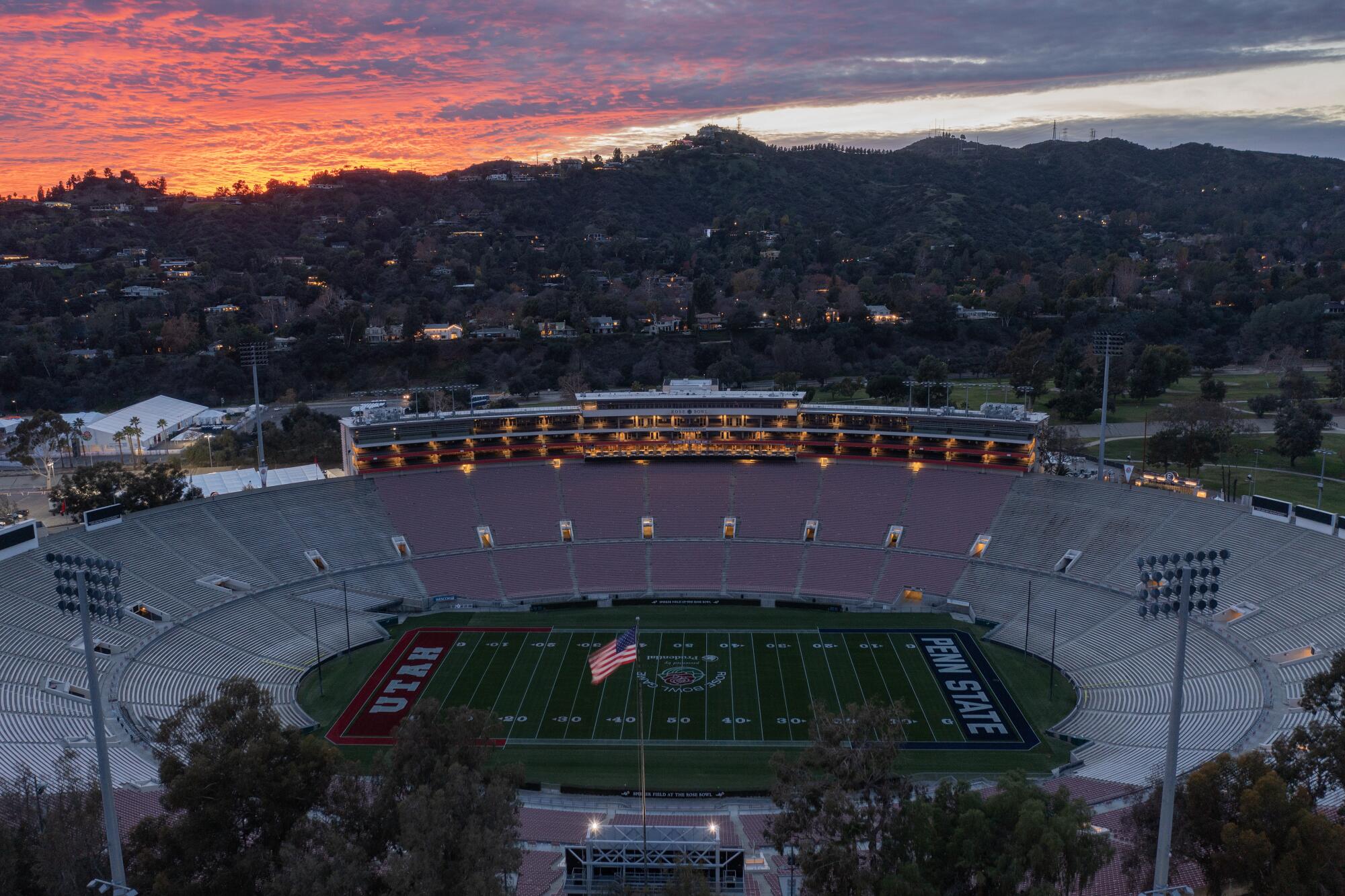 An aerial view of the Rose Bowl a week before the 2023 Rose Bowl Game between Utah and Penn State.